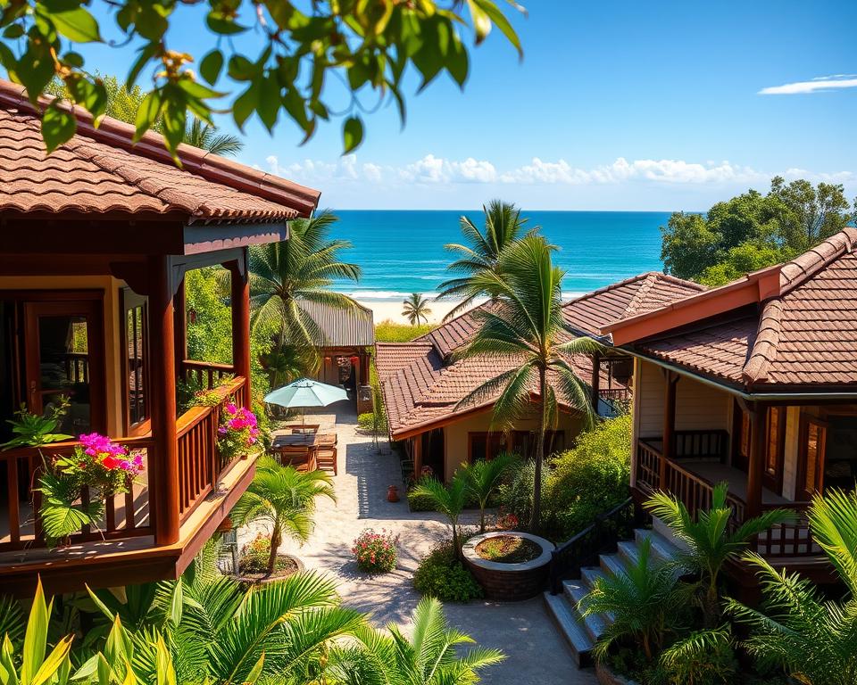 A picturesque view of budget-friendly accommodations in Sanya, China, featuring cozy, modest guesthouses surrounded by lush tropical gardens. In the foreground, small wooden balconies adorned with colorful flowers invite travelers to relax. The middle ground showcases a warm, inviting courtyard with budget lodgings designed in traditional Chinese architectural style, complete with red lanterns and nearby palm trees. The background reveals a serene coastline with gentle waves under a clear blue sky, capturing the essence of a tropical paradise. Soft, warm sunlight bathes the scene, creating a welcoming atmosphere for budget-conscious travelers. The image is framed with a slight tilt to enhance depth, providing a sense of tranquility and adventure. A picturesque view of budget-friendly accommodations in Sanya, China, featuring cozy, modest guesthouses surrounded by lush tropical gardens. In the foreground, small wooden balconies adorned with colorful flowers invite travelers to relax. The middle ground showcases a warm, inviting courtyard with budget lodgings designed in traditional Chinese architectural style, complete with red lanterns and nearby palm trees. The background reveals a serene coastline with gentle waves under a clear blue sky, capturing the essence of a tropical paradise. Soft, warm sunlight bathes the scene, creating a welcoming atmosphere for budget-conscious travelers. The image is framed with a slight tilt to enhance depth, providing a sense of tranquility and adventure.