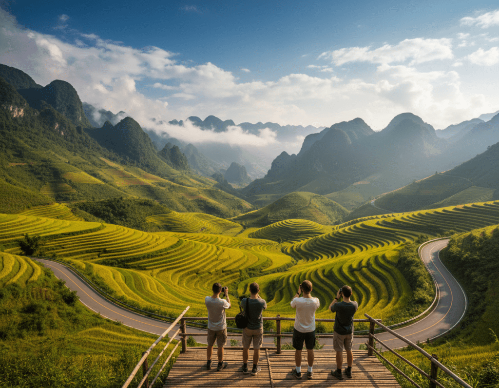 A picturesque view of the Giang Loop in Vietnam, featuring a winding road nestled among lush green mountains. In the foreground, a small group of travelers in modest casual clothing pauses at a scenic overlook, enjoying the breathtaking landscape. The middle ground showcases vibrant rice terraces shimmering under the warm golden sunlight, with deep blue skies and fluffy white clouds above. In the background, towering limestone peaks rise majestically, partially draped in mist, creating a sense of adventure. The atmosphere is tranquil yet invigorating, capturing the essence of exploration and discovery. Use a wide-angle lens to convey depth, with soft natural lighting to enhance the colors and shadows, evoking a sense of wanderlust and appreciation for nature's beauty.