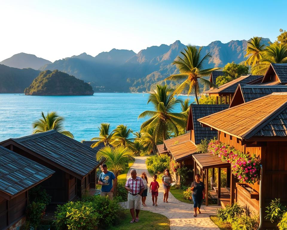 A picturesque village on Pulau Tioman, Malaysia, nestled between lush green hills and the sparkling turquoise sea. In the foreground, traditional wooden houses with thatched roofs and vibrant flower gardens, showcasing local craftsmanship. In the middle ground, a narrow sandy path meanders through the village, lined with palm trees swaying gently in the breeze. Villagers, dressed in modest casual clothing, engage in daily activities, adding life to the scene. In the background, majestic mountains rise against a bright blue sky during golden hour, casting a soft glow across the landscape. The overall atmosphere is serene and inviting, capturing the charm and community spirit of island life. The image is framed with a warm, natural light that enhances the vibrant colors of the scenery. A picturesque village on Pulau Tioman, Malaysia, nestled between lush green hills and the sparkling turquoise sea. In the foreground, traditional wooden houses with thatched roofs and vibrant flower gardens, showcasing local craftsmanship. In the middle ground, a narrow sandy path meanders through the village, lined with palm trees swaying gently in the breeze. Villagers, dressed in modest casual clothing, engage in daily activities, adding life to the scene. In the background, majestic mountains rise against a bright blue sky during golden hour, casting a soft glow across the landscape. The overall atmosphere is serene and inviting, capturing the charm and community spirit of island life. The image is framed with a warm, natural light that enhances the vibrant colors of the scenery.