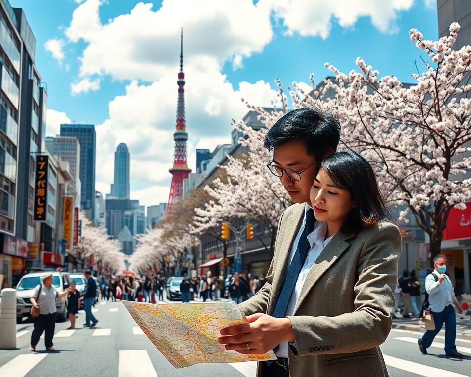 A scenic landscape of bustling Tokyo streets during the day, showcasing a blend of modern and traditional elements. In the foreground, a professional man and woman in modest business attire are examining a map, appearing engaged and intrigued. The middle ground features iconic landmarks like the Tokyo Tower and cherry blossom trees in full bloom, adding vibrant colors. The background includes a clear blue sky with fluffy white clouds, capturing a lively city atmosphere. The image is well-lit with soft natural sunlight that casts gentle shadows, enhancing the feeling of warmth. The overall mood is inviting and informative, perfect for conveying practical tips for everyday life in Japan.