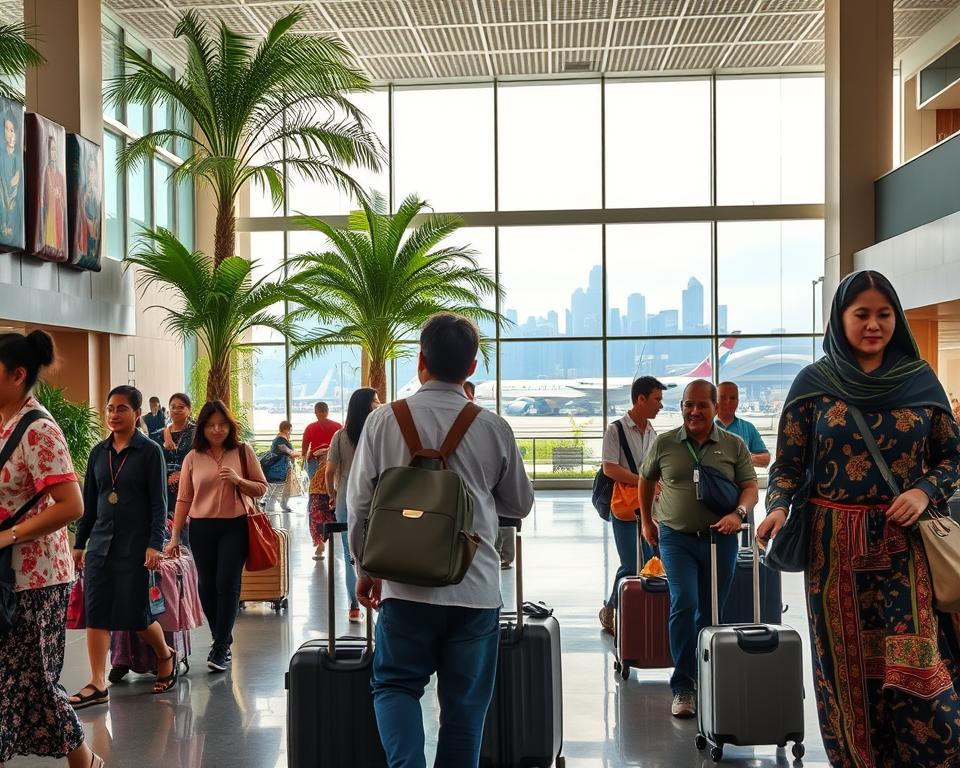 A scenic view of Kuching, Borneo, showcasing the arrival experience at its international airport. In the foreground, travelers of various ethnic backgrounds are seen with their luggage, dressed in professional business attire and modest casual clothing, as they navigate through an inviting airport terminal adorned with lush greenery and cultural artwork. The middle ground features large windows with natural sunlight streaming in, revealing a glimpse of Kuching's vibrant skyline. In the background, a soft-lit horizon showcases the unique mix of modern and traditional architecture. The atmosphere is lively yet warm, capturing the excitement and anticipation of arriving in a new destination. Use a wide-angle lens to emphasize the spaciousness, with balanced lighting to enhance the welcoming ambiance.