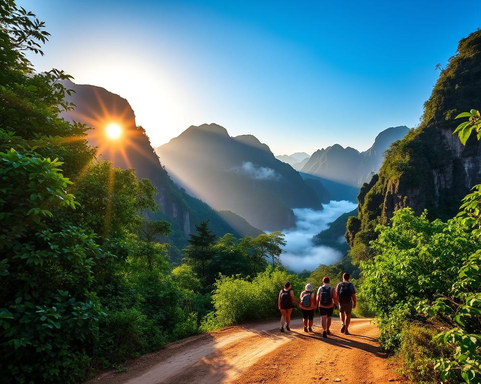 A scenic view of Phong Nha-Ke Bang National Park, showcasing its lush green forests and towering limestone karst mountains. In the foreground, a winding dirt road leads through dense foliage, hinting at the journey into the park. The middle ground features a small group of travelers dressed in modest, casual clothing, carrying backpacks and looking excited as they prepare for their adventure. In the background, the majestic peaks rise against a clear blue sky, with the sun casting golden light on the landscape, creating a warm and inviting atmosphere. A gentle mist settles in the valleys, enhancing the sense of mystery and exploration. The composition captures the essence of a journey into one of Vietnam's most breathtaking natural wonders, emphasizing adventure and natural beauty. A scenic view of Phong Nha-Ke Bang National Park, showcasing its lush green forests and towering limestone karst mountains. In the foreground, a winding dirt road leads through dense foliage, hinting at the journey into the park. The middle ground features a small group of travelers dressed in modest, casual clothing, carrying backpacks and looking excited as they prepare for their adventure. In the background, the majestic peaks rise against a clear blue sky, with the sun casting golden light on the landscape, creating a warm and inviting atmosphere. A gentle mist settles in the valleys, enhancing the sense of mystery and exploration. The composition captures the essence of a journey into one of Vietnam's most breathtaking natural wonders, emphasizing adventure and natural beauty.