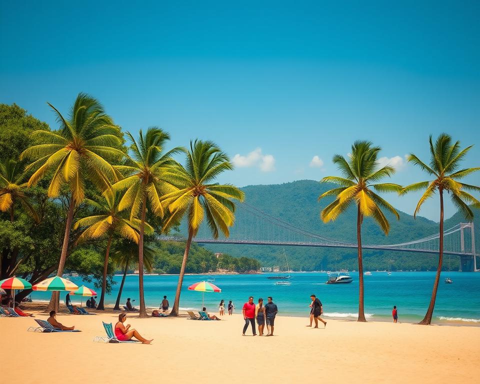 A scenic view of Pulau Langkawi, Malaysia, showcasing lush green landscapes and pristine beaches under a bright blue sky. In the foreground, a well-maintained beach with fine golden sand, dotted with colorful beach umbrellas and a few tourists in modest casual clothing enjoying the sun. In the middle ground, palm trees sway gently in the breeze, framing the azure water where small boats can be seen. The background features the iconic Langkawi Sky Bridge and verdant hills rising majestically, creating a picturesque panorama. The lighting is warm and inviting, capturing the golden hour glow, enhancing the tranquil and relaxed atmosphere of a tropical vacation. The composition is taken from a slightly elevated angle, providing a stunning overall view of Langkawi's natural beauty. A scenic view of Pulau Langkawi, Malaysia, showcasing lush green landscapes and pristine beaches under a bright blue sky. In the foreground, a well-maintained beach with fine golden sand, dotted with colorful beach umbrellas and a few tourists in modest casual clothing enjoying the sun. In the middle ground, palm trees sway gently in the breeze, framing the azure water where small boats can be seen. The background features the iconic Langkawi Sky Bridge and verdant hills rising majestically, creating a picturesque panorama. The lighting is warm and inviting, capturing the golden hour glow, enhancing the tranquil and relaxed atmosphere of a tropical vacation. The composition is taken from a slightly elevated angle, providing a stunning overall view of Langkawi's natural beauty.