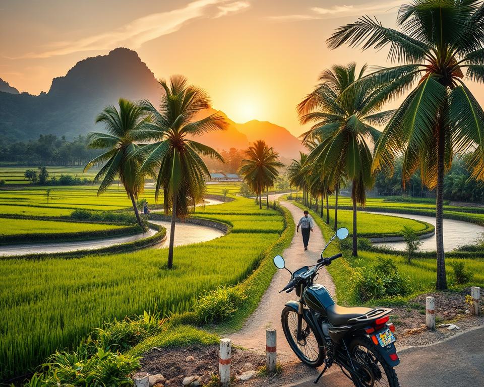 A scenic view of a well-traveled route in southern Vietnam, showcasing vibrant landscapes of lush green rice paddies and winding rivers. In the foreground, a bicycle or scooter stands parked along the roadside, symbolizing efficient travel. The middle ground features a picturesque dirt pathway lined with palm trees swaying gently in the breeze, with local farmers tending to their crops. In the background, majestic limestone mountains bathed in golden sunset light create a dramatic horizon. The atmosphere is serene and inviting, reflecting the charm of rural Vietnamese life. The image is captured with a warm, soft focus, using a wide-angle lens to emphasize depth and beauty, inviting viewers to explore the enchanting journey through South Vietnam.