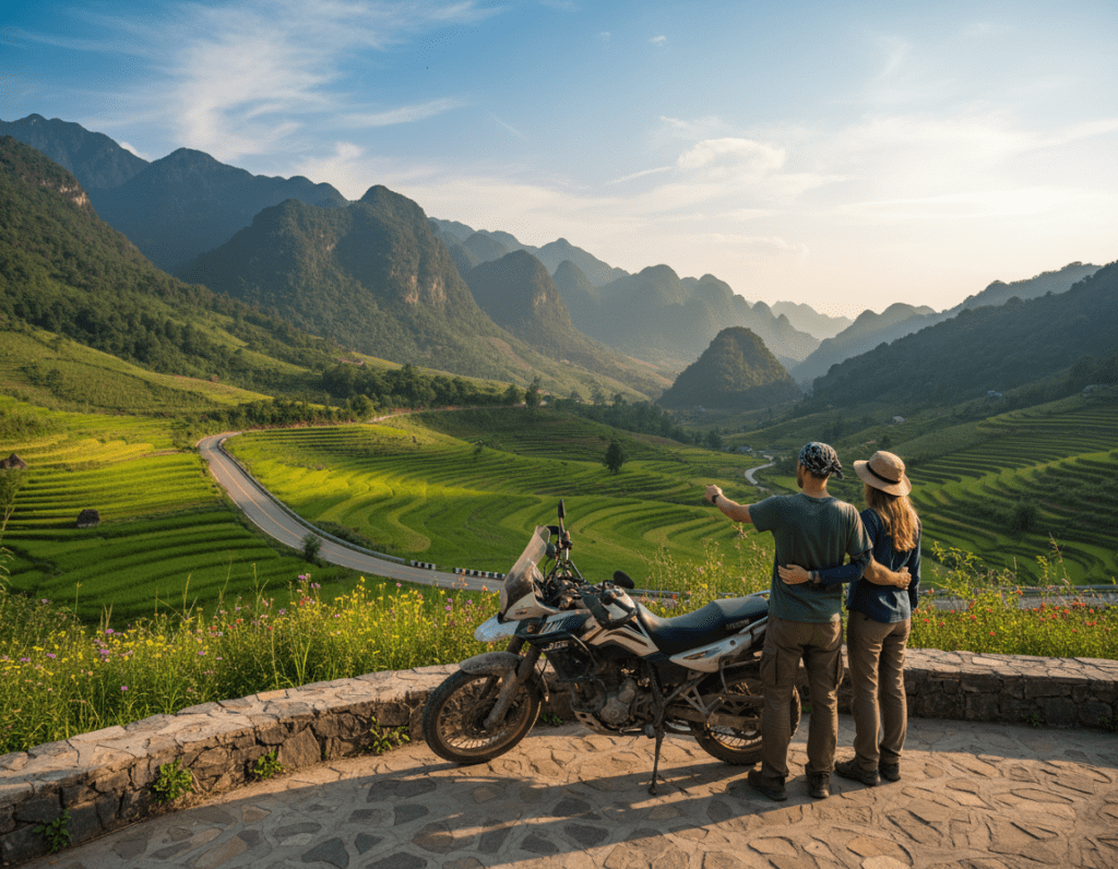 A scenic view of the Giang Loop route in Vietnam, featuring lush green mountains and winding roads that curve around stunning valleys. In the foreground, a motorcycle parked on a lookout point, showcasing a traveling couple in modest, casual clothing, taking in the breathtaking landscape. The middle ground depicts a winding road disappearing into the horizon, flanked by vibrant rice paddies and wildflowers. In the background, majestic peaks rise under a clear blue sky with wispy clouds. Soft golden light of the late afternoon sun casts a warm glow on the scene, creating a serene and adventurous atmosphere. The composition captures the essence of exploration and the beauty of nature, inviting travelers to embark on their journey.