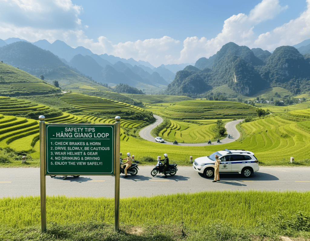 A scenic view of the Hang Giang Loop in Vietnam, capturing its winding roads and lush landscapes. In the foreground, depict a well-maintained road sign indicating safety tips for travelers. The middle ground reveals winding mountain roads flanked by vibrant green hills and rice terraces, while a police vehicle can be seen parked safely on the roadside, with an officer in professional attire overseeing traffic. The background showcases majestic mountains under a clear blue sky, with soft clouds providing depth to the scene. Use natural lighting to enhance the colors, and a wide-angle lens effect to create a sense of immersion. The atmosphere should feel serene yet alert, emphasizing both the beauty and the safety aspects of traveling through this picturesque region.