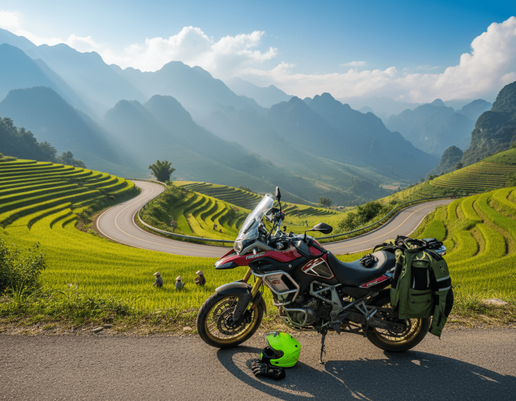 A scenic view of the Hang Giang Loop in Vietnam, showcasing a motorbike parked on the side of a winding mountain road surrounded by lush green hills and vibrant rice paddies. In the foreground, the motorbike stands prominently, reflecting a modern design with colorful protective gear neatly placed nearby, including a helmet, gloves, and a jacket. The middle ground features local landscapes with farmers working in fields, while the background reveals misty mountains under a bright blue sky, creating an adventurous and inviting atmosphere. The lighting is bright and natural, suggesting an afternoon, with sun rays illuminating the scene, enhancing the sense of exploration and preparation for a thrilling journey. The composition uses a slightly angled perspective to emphasize the beauty of the route, evoking a mood of excitement and wanderlust.