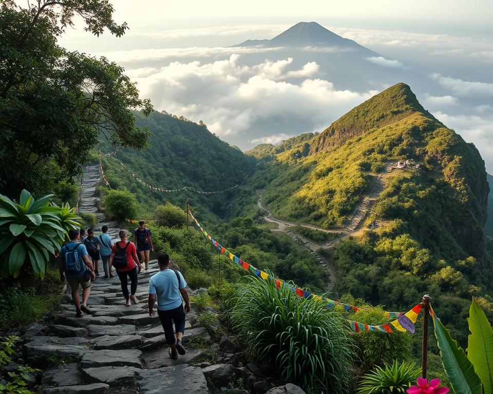 A scenic view of the ascent routes of Adam's Peak in Sri Lanka, showcasing diverse trails winding through lush greenery and vibrant flora. In the foreground, illustrate explorers in modest, casual clothing walking along a rocky path, surrounded by dense jungle foliage and tropical plants. The middle ground should reveal terraced pathways blending with the natural landscape, dotted with small, colorful prayer flags fluttering gently in the breeze. In the background, depict the towering silhouette of Adam's Peak bathed in soft, early morning light, with mist rising from the valley below. Use a wide-angle lens to capture the expansive landscape, accentuating the rugged terrain and the serene atmosphere of the pilgrimage site. Aim for a tranquil and inspiring mood, emphasizing the spiritual journey of visitors.