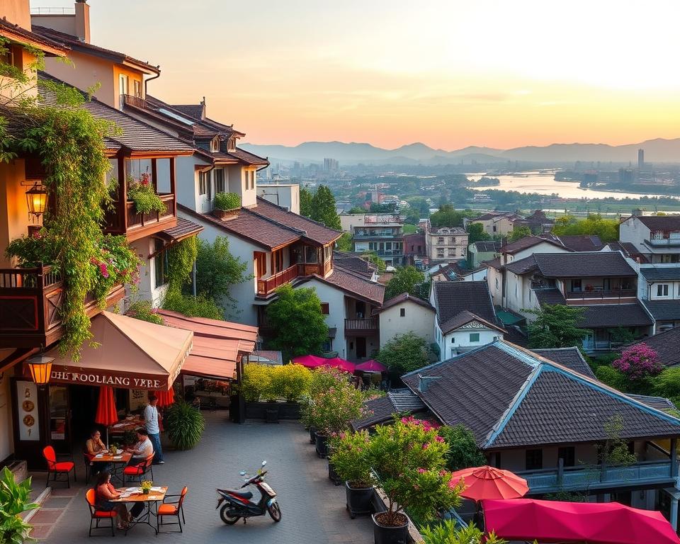 A scenic view of the vibrant city center of Hue, Vietnam, featuring charming boutique hotels and traditional guesthouses nestled along bustling streets. In the foreground, a small street café with locals enjoying traditional Vietnamese coffee under colorful awnings. The middle ground showcases a mix of modern and colonial architecture, adorned with lush greenery and blooming flowers. In the background, the iconic Perfume River gently flows, framed by distant mountains and a soft sunset sky. The lighting is warm and inviting, with soft golden hour hues casting a serene glow over the scene. The atmosphere is lively yet relaxed, reflecting the rich culture and hospitality of Hue. No texts or people should obstruct the view, allowing the city's essence to shine through.