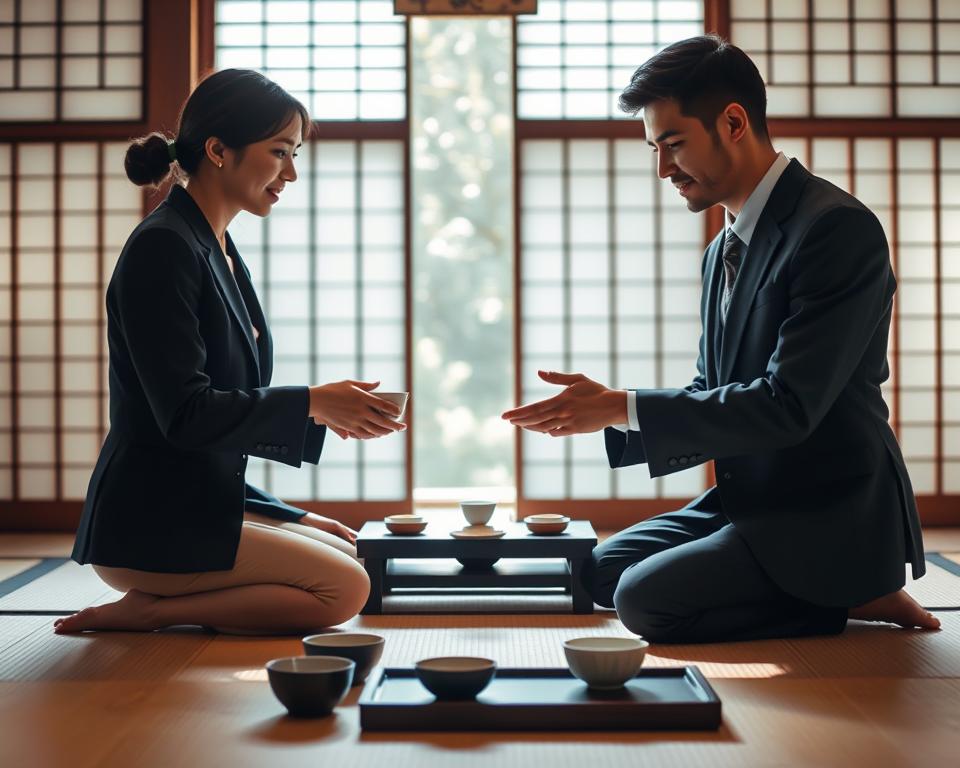 A serene Japanese tea ceremony scene focused on nonverbal communication. In the foreground, two individuals in professional business attire are engaged in a delicate exchange of gestures, showcasing traditional Japanese forms of politeness and respect. One person offers tea with a subtle bow, while the other responds with a gentle nod, their facial expressions conveying understanding and appreciation. In the middle ground, traditional tatami mats and minimalist decor create a peaceful atmosphere. In the background, soft natural light filters through shoji screens, illuminating the scene and enhancing the calm ambiance. The overall mood is respectful and contemplative, exploring the nuances of communication beyond words.