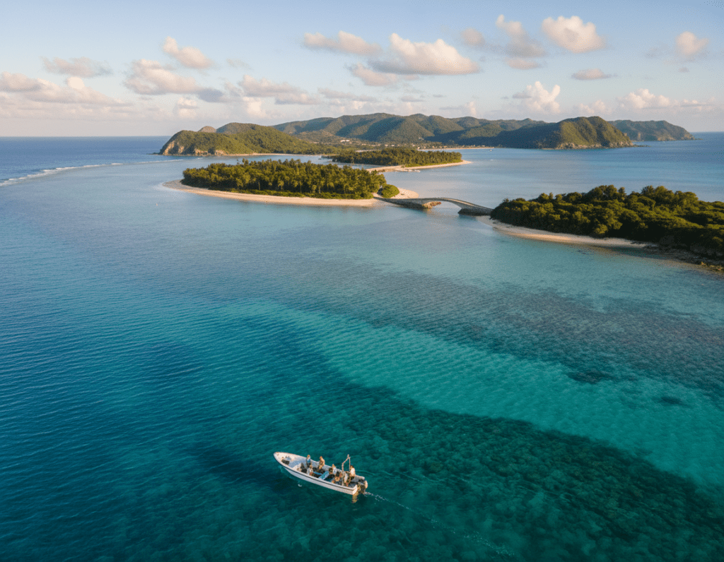 A serene aerial view of an island hopping adventure from Aka Island, showcasing a vibrant turquoise ocean dotted with lush green islands. In the foreground, include a small, inviting boat navigating the clear waters, with passengers enjoying the sun, dressed in casual summer attire. The middle ground features Geruma Island, characterized by its sandy beaches and vibrant greenery, connected by a scenic bridge to Aka Island. In the distance, Zamami Island can be seen, with rolling hills and a dramatic coastline. The bright afternoon sun casts warm, golden light across the scene, with fluffy white clouds enhancing the tranquil atmosphere. Use a wide-angle lens to capture the expansive beauty of the islands and the inviting waters, evoking a sense of adventure and relaxation.