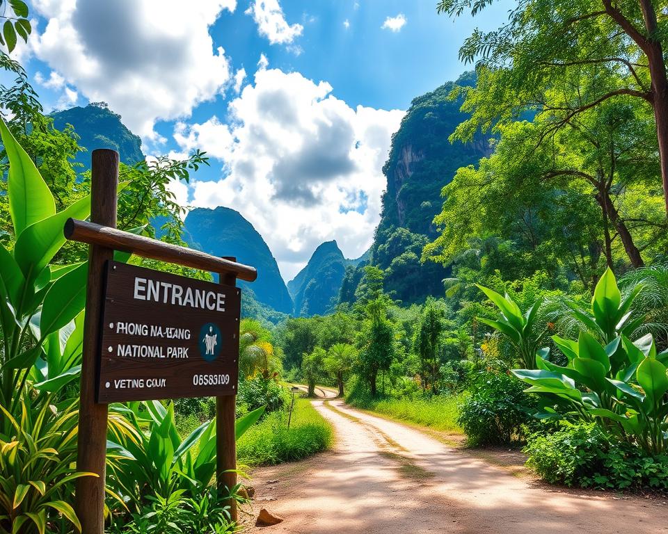 A serene and inviting scene capturing the entrance to Phong Nha-Ke Bang National Park in Vietnam. In the foreground, a rustic wooden sign displays the entrance prices prominently, surrounded by vibrant green foliage and tropical plants. The middle ground features a well-trodden path leading into the lush tropical forest, with hints of sunlight filtering through the canopy, creating a dappled light effect on the ground. In the background, majestic limestone karsts rise dramatically against a bright blue sky scattered with fluffy white clouds. The overall atmosphere is tranquil and adventurous, inviting visitors to embark on a journey into the national park. Use natural lighting to enhance the vibrancy of the greenery while keeping a warm tone that evokes excitement about exploration. The perspective should simulate an inviting view from the entrance, emphasizing the park’s natural beauty. A serene and inviting scene capturing the entrance to Phong Nha-Ke Bang National Park in Vietnam. In the foreground, a rustic wooden sign displays the entrance prices prominently, surrounded by vibrant green foliage and tropical plants. The middle ground features a well-trodden path leading into the lush tropical forest, with hints of sunlight filtering through the canopy, creating a dappled light effect on the ground. In the background, majestic limestone karsts rise dramatically against a bright blue sky scattered with fluffy white clouds. The overall atmosphere is tranquil and adventurous, inviting visitors to embark on a journey into the national park. Use natural lighting to enhance the vibrancy of the greenery while keeping a warm tone that evokes excitement about exploration. The perspective should simulate an inviting view from the entrance, emphasizing the park’s natural beauty.