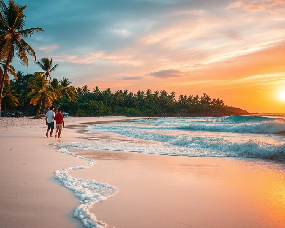 A serene beach scene at Tangalle, Sri Lanka, featuring pristine, white sandy shores bordered by lush green palm trees. In the foreground, gentle waves lapping at the beach create a soothing rhythm, while a couple enjoys a leisurely stroll, dressed in modest casual attire. The middle ground showcases vibrant blue waves with surfers riding the swells, epitomizing the coastal activity. In the background, a stunning sunset bathes the sky in warm hues of orange, pink, and purple, casting a golden glow over the entire beach. The angle captures the scene from a low perspective, emphasizing the vastness of the ocean. The mood is tranquil and inviting, perfect for a tropical paradise. The lighting is soft and warm, enhancing the dreamy atmosphere of Tangalle Beach.