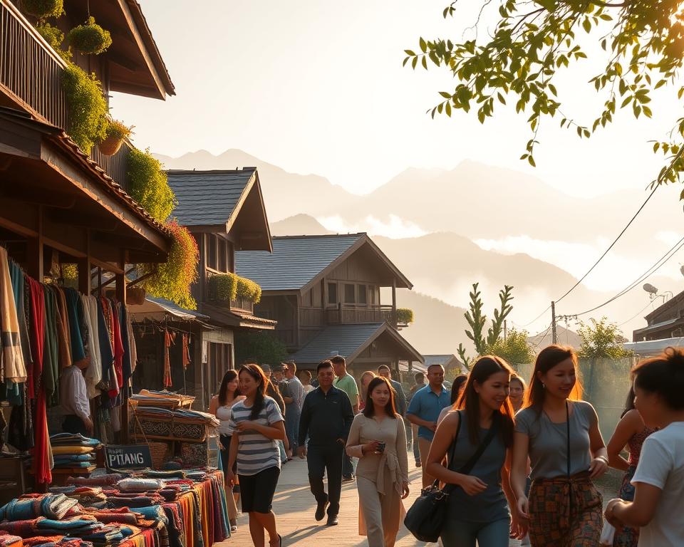 A serene budget-friendly travel scene in Northern Vietnam, showcasing a vibrant street market filled with colorful textiles and local crafts in the foreground. People in modest casual clothing are exploring the stalls, smiling and engaged in friendly conversations. In the middle ground, quaint guesthouses with traditional architecture and lush hanging plants create a welcoming atmosphere, symbolizing affordable accommodations. The background features stunning mountains shrouded in mist, providing a breathtaking natural backdrop. The warm, soft lighting of early morning bathes the scene in a golden hue, enhancing the inviting mood. The composition uses a slightly elevated angle to capture both the bustling market and the beauty of the landscape, evoking a sense of adventure and comfort. A serene budget-friendly travel scene in Northern Vietnam, showcasing a vibrant street market filled with colorful textiles and local crafts in the foreground. People in modest casual clothing are exploring the stalls, smiling and engaged in friendly conversations. In the middle ground, quaint guesthouses with traditional architecture and lush hanging plants create a welcoming atmosphere, symbolizing affordable accommodations. The background features stunning mountains shrouded in mist, providing a breathtaking natural backdrop. The warm, soft lighting of early morning bathes the scene in a golden hue, enhancing the inviting mood. The composition uses a slightly elevated angle to capture both the bustling market and the beauty of the landscape, evoking a sense of adventure and comfort.