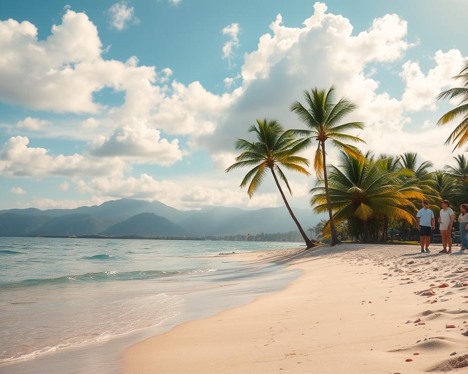 A serene coastal scene of Sanya, China, during the best travel season. In the foreground, a pristine, sandy beach with gentle waves lapping at the shore, dotted with small pebbles and seashells. To the right, a few tourists in modest casual clothing gazing at the ocean, capturing the joy of their visit. In the middle ground, vivid green palm trees sway lightly in a refreshing breeze, casting soft shadows on the ground. The sky above is a brilliant blue with fluffy white clouds scattered throughout. In the background, the majestic mountains of Hainan Island rise, partially shrouded in mist, adding depth to the landscape. The golden sunlight bathes the scene in warmth, evoking a sense of peace and relaxation, perfect for a getaway destination. A serene coastal scene of Sanya, China, during the best travel season. In the foreground, a pristine, sandy beach with gentle waves lapping at the shore, dotted with small pebbles and seashells. To the right, a few tourists in modest casual clothing gazing at the ocean, capturing the joy of their visit. In the middle ground, vivid green palm trees sway lightly in a refreshing breeze, casting soft shadows on the ground. The sky above is a brilliant blue with fluffy white clouds scattered throughout. In the background, the majestic mountains of Hainan Island rise, partially shrouded in mist, adding depth to the landscape. The golden sunlight bathes the scene in warmth, evoking a sense of peace and relaxation, perfect for a getaway destination.