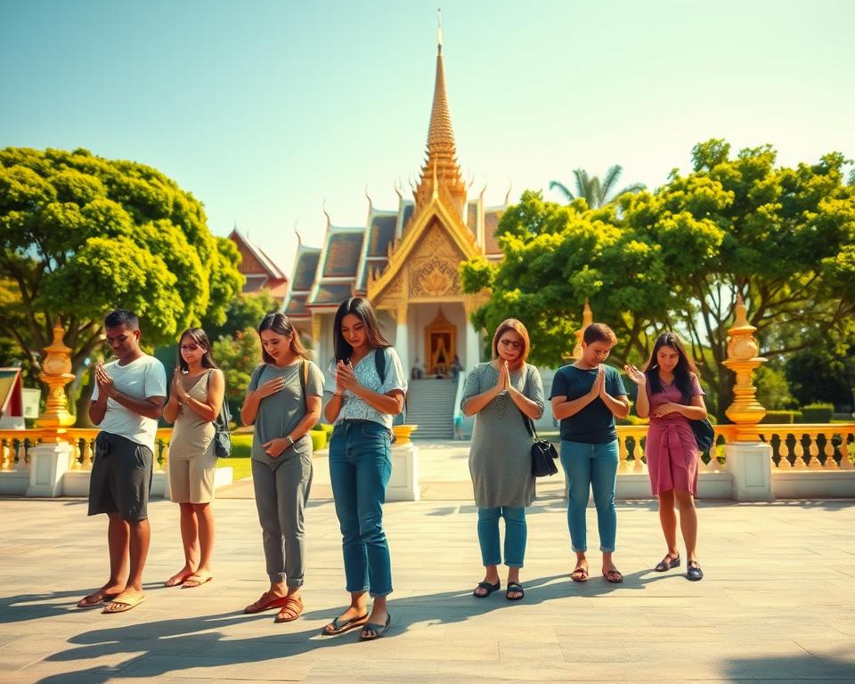 A serene depiction of a traditional Thai temple scene reflecting the concept of "Temple Etiquette" in Thailand. In the foreground, a group of respectful tourists dressed in modest casual clothing, demonstrating proper temple etiquette by removing their shoes and bowing slightly in reverence. The middle ground features an intricately designed temple with golden spires and ornate decorations, capturing the architectural beauty of Thai culture. In the background, lush green trees and the clear blue sky enhance the tranquil atmosphere. The scene is lit by soft, warm afternoon sunlight, creating gentle shadows that add depth. The composition emphasizes respect and appreciation for Thailand’s rich cultural heritage, inviting viewers to experience the peaceful ambiance and spiritual significance of the site.
