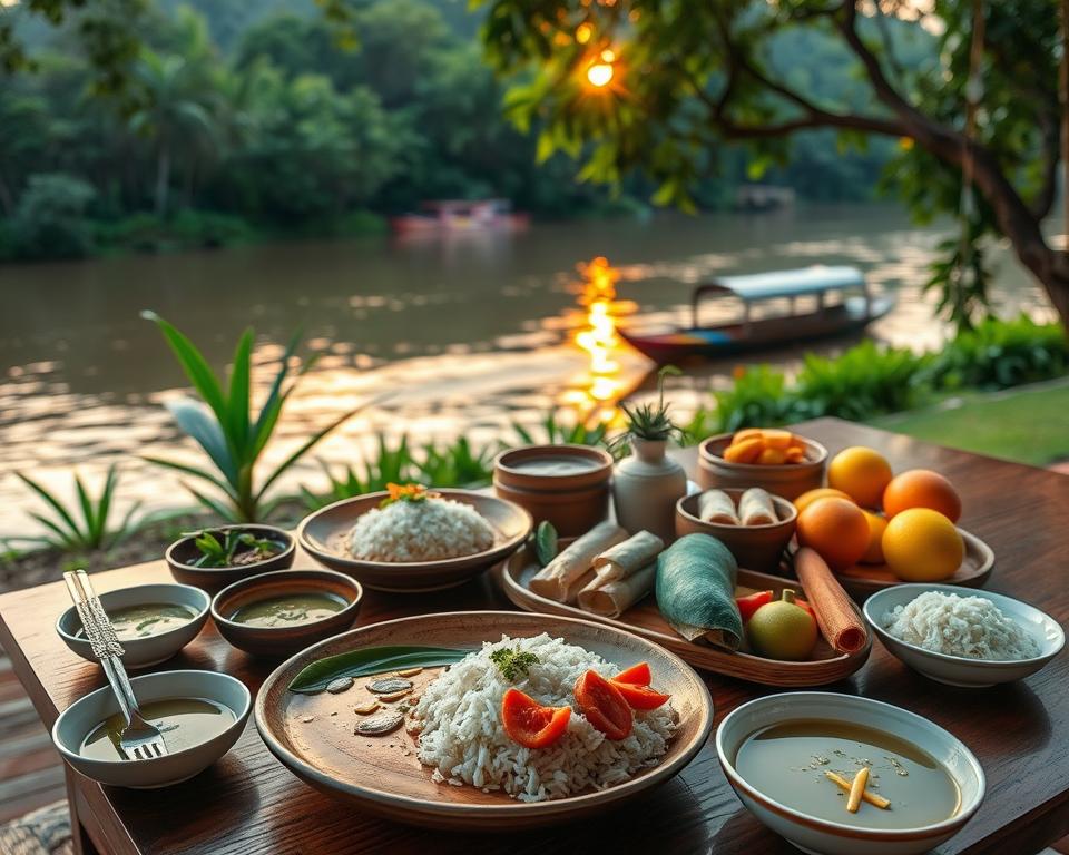 A serene dining scene along the banks of the River Kwai, showcasing an inviting table adorned with traditional Thai dishes, including vibrant green curries, fragrant jasmine rice, fresh spring rolls, and colorful tropical fruits. In the foreground, a beautifully set wooden table with decorative elements such as intricately designed chopsticks and steaming bowls. The middle ground features the lush greenery of the riverbank, with tropical plants and the distant silhouette of a wooden boat gliding gently on the water. The background showcases the tranquil river under a warm, golden sunset, casting soft reflections on the water. Soft natural lighting enhances the colors of the food, creating an inviting atmosphere that reflects the rich culinary heritage of Thailand. The mood is peaceful and harmonious, perfect for highlighting local cuisine.