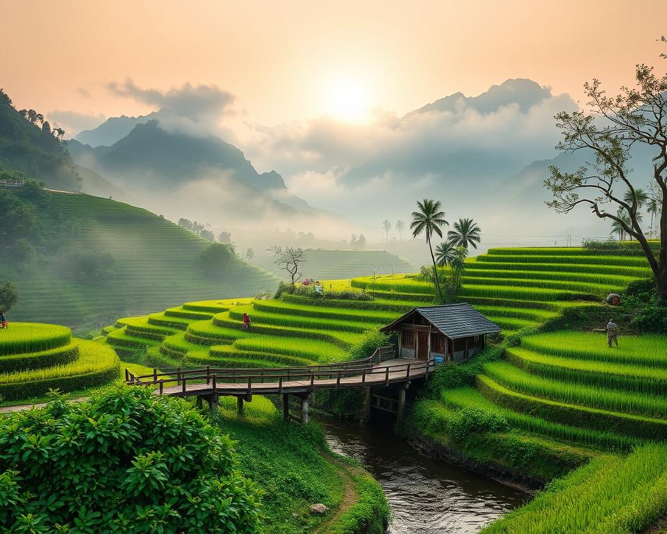 A serene, hidden gem in Northern Vietnam, showcasing a lush, misty landscape filled with rice terraces that cascade down into a tranquil river. In the foreground, a quaint wooden bridge arches over the water, leading to a small, traditional Vietnamese house nestled among vibrant green foliage. The middle ground features farmers working in the fields, dressed in modest, colorful attire, capturing the essence of daily rural life. In the background, towering mountains rise shrouded in soft, ethereal clouds, with the early morning sun filtering through, casting a gentle golden light over the scene. The mood is peaceful and enchanting, inviting viewers to explore the secluded beauty of Northern Vietnam's hidden locations. A serene, hidden gem in Northern Vietnam, showcasing a lush, misty landscape filled with rice terraces that cascade down into a tranquil river. In the foreground, a quaint wooden bridge arches over the water, leading to a small, traditional Vietnamese house nestled among vibrant green foliage. The middle ground features farmers working in the fields, dressed in modest, colorful attire, capturing the essence of daily rural life. In the background, towering mountains rise shrouded in soft, ethereal clouds, with the early morning sun filtering through, casting a gentle golden light over the scene. The mood is peaceful and enchanting, inviting viewers to explore the secluded beauty of Northern Vietnam's hidden locations.