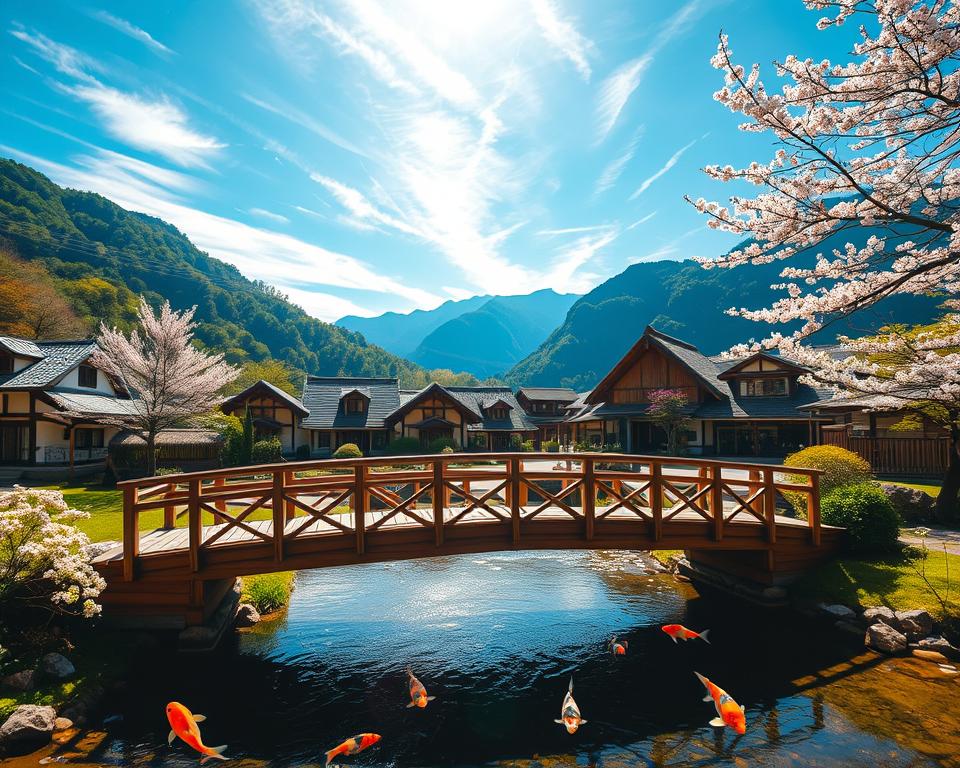 A serene hidden village in Japan, surrounded by lush green mountains and blooming cherry blossom trees. In the foreground, a traditional wooden bridge crosses a tranquil stream, where delicate koi fish swim beneath the surface. In the middle ground, quaint thatched-roof houses blend harmoniously with nature, reflecting ancient architectural styles. The background reveals lofty mountains under a bright blue sky, with wisps of clouds casting soft shadows over the landscape. The scene is bathed in warm, golden sunlight, creating an inviting and peaceful atmosphere. The composition should evoke a sense of discovery and tranquility, showcasing Japan’s lesser-known treasures. Use a wide-angle lens to capture the expanse of this picturesque setting, ensuring that every detail contributes to the overall charm and allure of exploring off the beaten path in Japan.