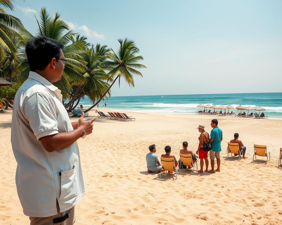 A serene illustration of safety measures and health awareness at Tangalle Beach, Sri Lanka. In the foreground, a friendly local guide wearing professional attire is demonstrating safe swimming practices to a small group of tourists, all dressed in modest casual clothing. In the middle ground, vibrant sandy beach stretches out, dotted with clean, organized beach chairs and umbrellas, emphasizing responsible tourism. In the background, turquoise waves gently lap the shore under a bright sunny sky, with lush palm trees swaying in a light breeze. Incorporate soft natural lighting, capturing a warm and inviting atmosphere. A wide-angle perspective enhances the scenic beauty, showcasing the tranquil environment where safety and enjoyment coexist harmoniously.