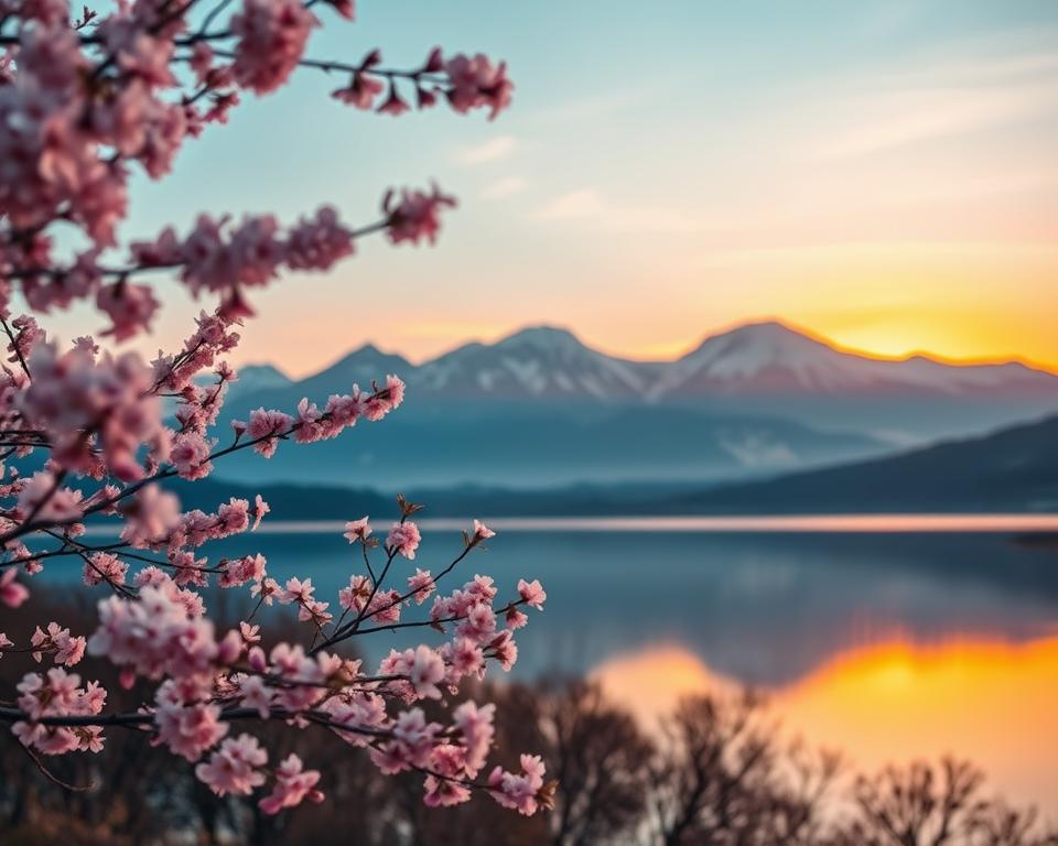 A serene landscape in Japan that captures the essence of natural beauty. In the foreground, delicate cherry blossom trees in full bloom sway gently in the breeze, their pink petals softly scattered on the ground. In the middle ground, a tranquil lake reflects the vibrant colors of a dramatic sunset, casting warm hues of orange and purple across the water. Majestic mountains loom in the background, their peaks dusted with fresh snow, under a clear blue sky. Soft, diffused lighting enhances the peaceful atmosphere, evoking a sense of calm and wonder. The scene is composed with an eye for balance and harmony, creating a captivating view of Japan's rich natural heritage, perfect for evoking the excitement of outdoor experiences.