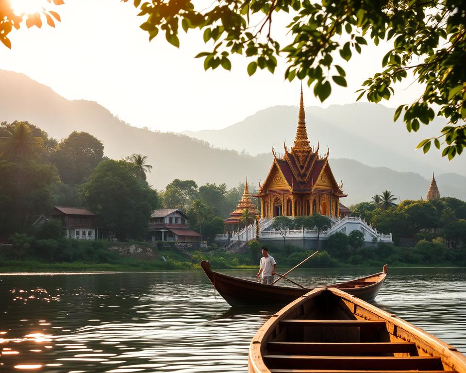 A serene landscape of Luang Prabang, Laos, showcasing its iconic temples and lush greenery. In the foreground, a traditional wooden boat glides along the Mekong River, with a gentle reflection on the water. The middle features the stunning Wat Xieng Thong temple, adorned with intricate golden details and vibrant murals, surrounded by tropical flora. In the background, the majestic hills cradle the town, creating a sense of tranquility. Soft, warm sunlight filters through the trees, casting delicate shadows and illuminating the scene with a golden hue, evoking a peaceful morning atmosphere. The overall mood is calm and inviting, capturing the essence of Laos, the land of a thousand elephants.