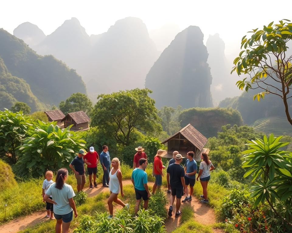A serene landscape of Phong Nha-Ke Bang National Park in Vietnam, showcasing sustainable tourism. In the foreground, a group of diverse tourists in modest casual clothing are interacting with local guides, exploring lush greenery and limestone formations. The middle ground features scenic trails and eco-friendly bamboo structures integrating harmoniously with nature. The background presents towering karst mountains and delicate mist rising in the early morning light, creating an atmospheric feel. Soft sunlight filters through the trees, casting gentle shadows and highlighting the vibrant colors of the flora. The image captures a sense of adventure, community, and environmental consciousness, inviting viewers to appreciate sustainable travel in this breathtaking park. A serene landscape of Phong Nha-Ke Bang National Park in Vietnam, showcasing sustainable tourism. In the foreground, a group of diverse tourists in modest casual clothing are interacting with local guides, exploring lush greenery and limestone formations. The middle ground features scenic trails and eco-friendly bamboo structures integrating harmoniously with nature. The background presents towering karst mountains and delicate mist rising in the early morning light, creating an atmospheric feel. Soft sunlight filters through the trees, casting gentle shadows and highlighting the vibrant colors of the flora. The image captures a sense of adventure, community, and environmental consciousness, inviting viewers to appreciate sustainable travel in this breathtaking park.