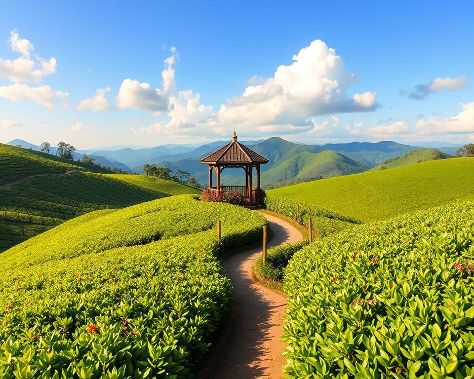 A serene landscape of the Cameron Highlands in Malaysia, showcasing lush rolling hills covered with vibrant tea plantations. In the foreground, a narrow winding path leads through the vibrant green tea bushes, dotted with freshly picked tea leaves. The middle ground features a charming wooden gazebo overlooking the fields, surrounded by colorful blooming flowers. The background is accentuated by gentle mountains under a bright blue sky with soft, fluffy white clouds, indicating the best travel season. The scene is bathed in warm, golden sunlight, creating a tranquil and inviting atmosphere. Capture the essence of a perfect day in Cameron Highlands during peak travel time, emphasizing its natural beauty and ideal weather conditions.