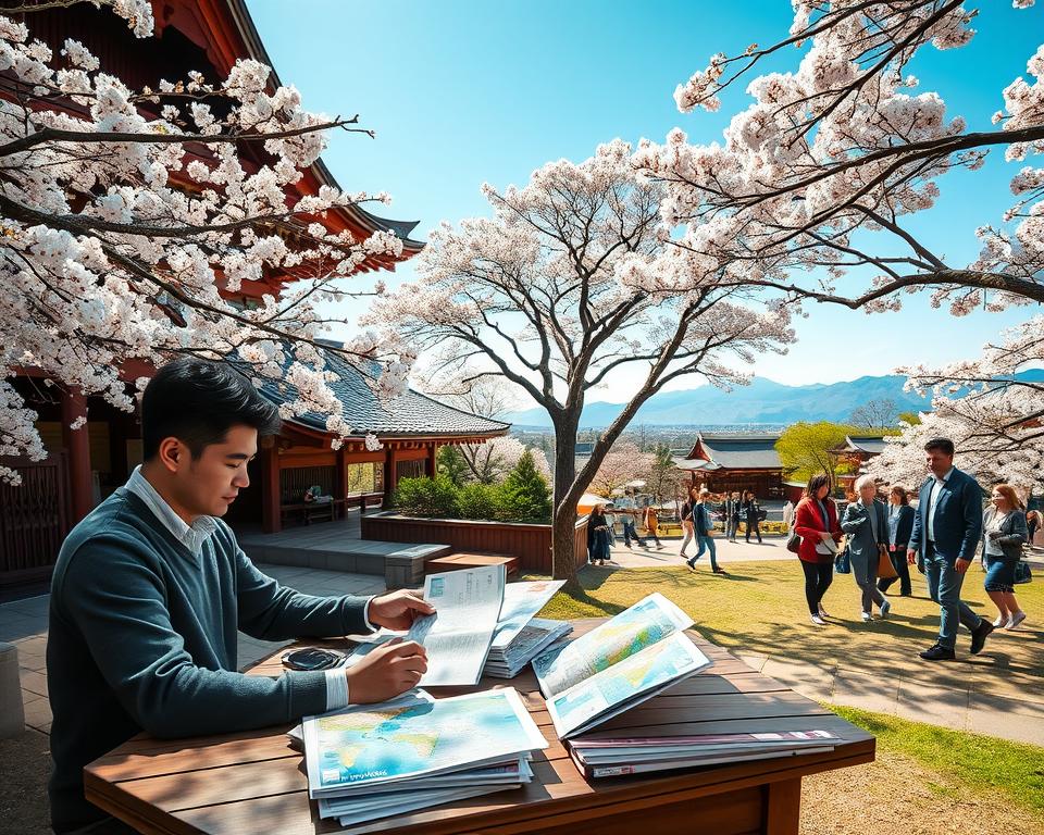 A serene landscape showcasing Japan's rich cultural heritage, featuring a traditional wooden temple surrounded by lush cherry blossom trees in full bloom. In the foreground, a travel planner sits at a wooden table, meticulously organizing brochures and maps of historical sites, wearing casual but tasteful clothing. The middle ground captures people strolling in the garden, engaging with each other, dressed in smart casual attire that reflects Japanese culture. The background reveals distant mountains under a bright blue sky, with soft sunlight illuminating the scene, casting delicate shadows. The atmosphere is calm and inviting, evoking a sense of anticipation for cultural experiences as one plans a journey through Japan's fascinating traditions. The image should be captured from a slightly elevated angle to provide a comprehensive view of the planning activity and the beautiful surroundings.