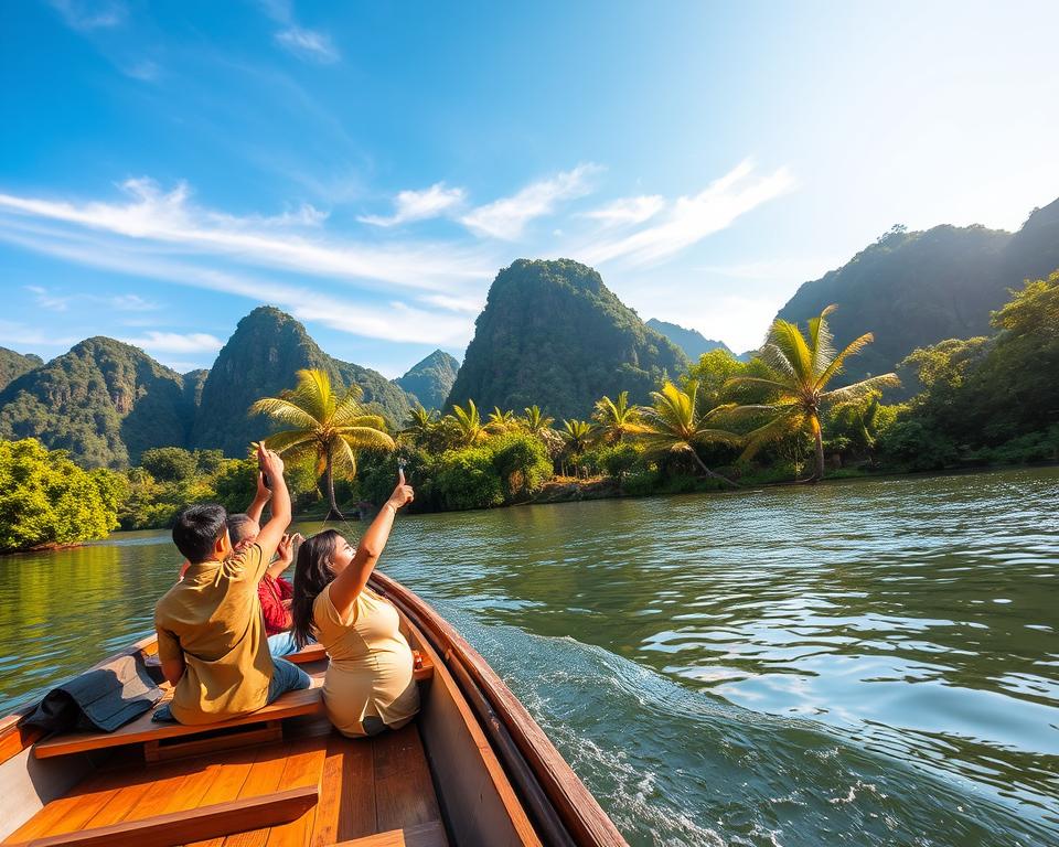A serene scene capturing a boat tour on the River Kwai, showcasing a traditional longtail boat gliding smoothly over calm waters surrounded by lush greenery. In the foreground, the boat’s passengers, dressed in casual yet modest clothing, are enjoying the scenic views, pointing and taking photos. The middle ground features vibrant jungle foliage and exotic trees lining the riverbanks, with reflections shimmering on the water's surface. In the background, dramatic limestone cliffs rise majestically under a clear blue sky, with wisps of clouds adding depth to the scene. Soft, warm sunlight filters through the trees, creating a tranquil and inviting atmosphere. The composition should evoke a sense of adventure and natural beauty, ideal for experiencing the River Kwai from the water.