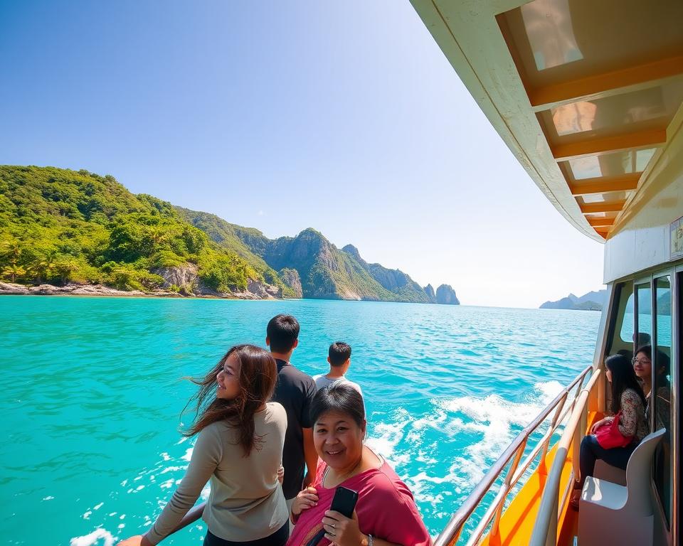 A serene scene capturing the ferry journey to Pulau Tioman, Malaysia. In the foreground, a brightly colored ferry sails gently over crystal-clear turquoise waters, with passengers on deck enjoying the view, dressed in casual, modest clothing. The middle ground features lush green hills and rocky coastlines of the island, dotted with swaying palm trees under the warm sunlight. In the background, distant cliffs rise majestically against a clear blue sky, hinting at the paradise that awaits. The lighting is bright and inviting, reflecting the vibrant atmosphere of tropical travel. The angle is slightly elevated, providing a panoramic view of the ferry and the stunning island landscape, evoking a sense of adventure and relaxation. A serene scene capturing the ferry journey to Pulau Tioman, Malaysia. In the foreground, a brightly colored ferry sails gently over crystal-clear turquoise waters, with passengers on deck enjoying the view, dressed in casual, modest clothing. The middle ground features lush green hills and rocky coastlines of the island, dotted with swaying palm trees under the warm sunlight. In the background, distant cliffs rise majestically against a clear blue sky, hinting at the paradise that awaits. The lighting is bright and inviting, reflecting the vibrant atmosphere of tropical travel. The angle is slightly elevated, providing a panoramic view of the ferry and the stunning island landscape, evoking a sense of adventure and relaxation.