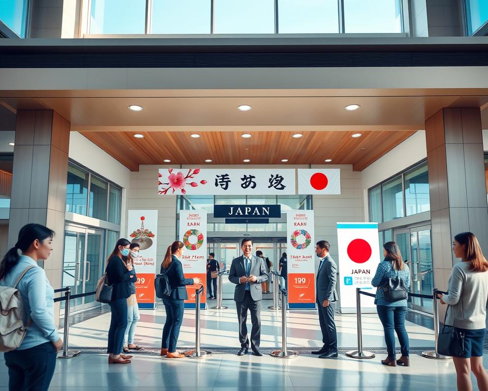 A serene scene depicting the entrance of a Japanese immigration facility, focusing on people in professional business attire. In the foreground, a diverse group of travelers is interacting with a friendly immigration officer, who is assisting them. In the middle, various banners display symbols of Japan, such as cherry blossoms and the national flag, accentuating the theme of entry requirements. The background features modern architectural elements of the immigration building, blending traditional Japanese design with contemporary style. Soft, natural lighting creates a welcoming atmosphere, while a clear blue sky can be seen through the windows, adding a sense of openness and hope to the scene. Capture the professionalism and warmth of Japan's immigration process.