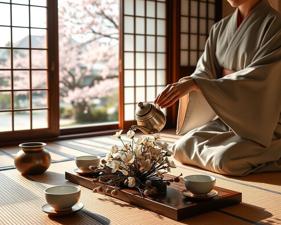 A serene scene depicting the rich culture of Japan, showcasing a traditional tea ceremony in a beautifully decorated tatami room. In the foreground, a person dressed in a modest kimono, gently pouring tea from a classic teapot into delicate porcelain cups, exuding grace and tranquility. The middle ground features an ornate wooden chabana flower arrangement, highlighting seasonal blossoms in elegant simplicity. In the background, shoji screens allow soft natural light to filter in, casting gentle shadows across the room, while a view of a peaceful Japanese garden with cherry blossom trees adds depth to the scene. The atmosphere is calm and contemplative, capturing the essence of Japanese cultural experiences and traditions.