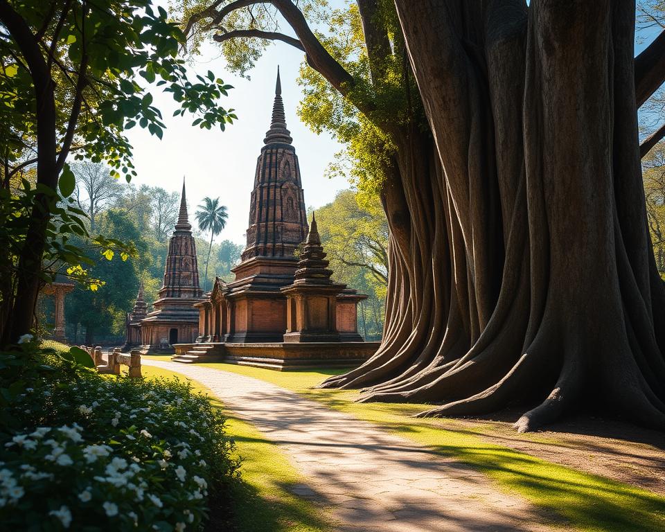 A serene scene of Wat Umong, a historic forest temple in Chiang Mai, Thailand. In the foreground, a tranquil path lined with lush greenery and delicate flowers leads towards the temple’s iconic brick chedis, partially covered in moss. The middle ground features the ancient stupa, surrounded by ancient trees, their trunks broad and textured, casting dappled shadows on the ground. The background reveals a bright blue sky, filtered sunlight creating a warm, inviting atmosphere. The image captures a peaceful moment with no people, emphasizing the tranquil ambiance of the temple and the surrounding forest. Soft, natural lighting highlights the textures of the stone and leaves, creating a harmonious blend of nature and spirituality.
