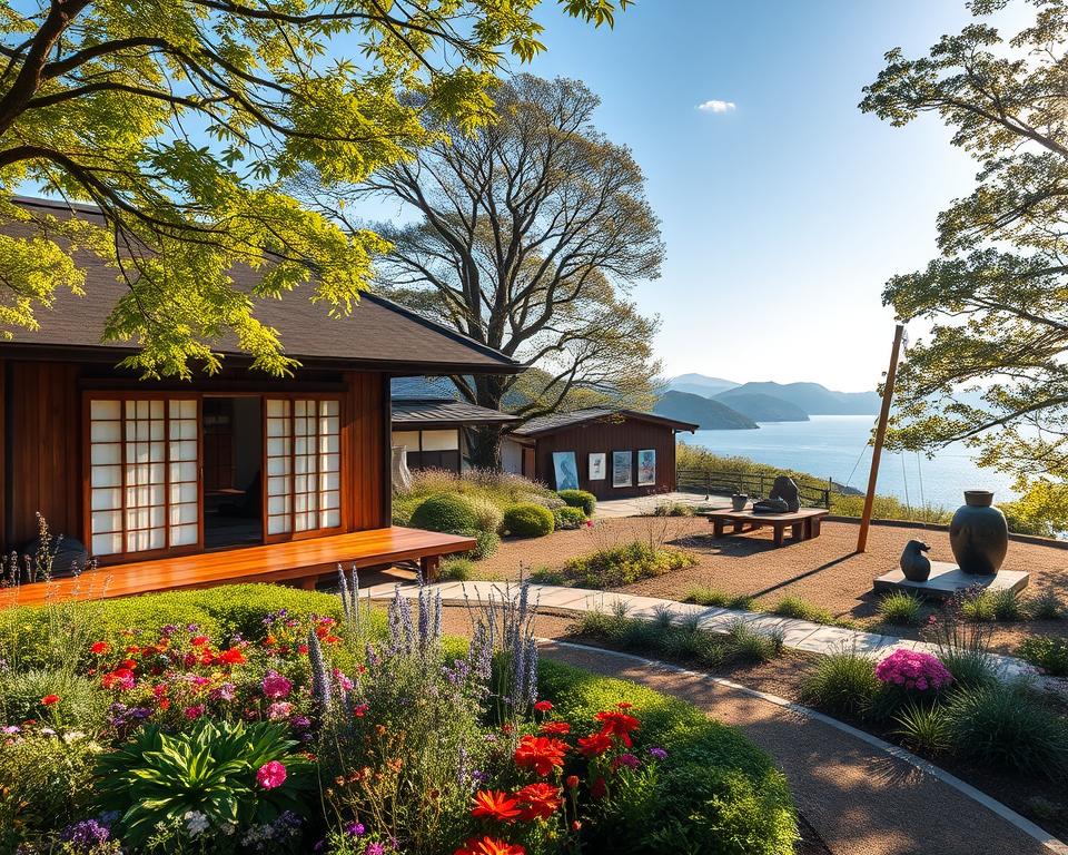 A serene scene of the Art House Project on Naoshima Island, Japan, showcasing contemporary art integrated within traditional Japanese homes. In the foreground, a beautifully restored wooden house with sliding shoji doors, surrounded by a lush garden filled with colorful flowers and native plants. In the middle ground, a soothing display of modern art installations, harmonizing with the architecture, including sculptures and paintings by renowned artists. The background features gentle, rolling hills and a tranquil sea under a clear blue sky. Warm sunlight filters through the trees, casting soft shadows on the ground, evoking a peaceful and inviting atmosphere. Capture this scene from a slightly elevated angle to highlight the relationship between art and nature, with a wide lens to encompass the vibrant surroundings.