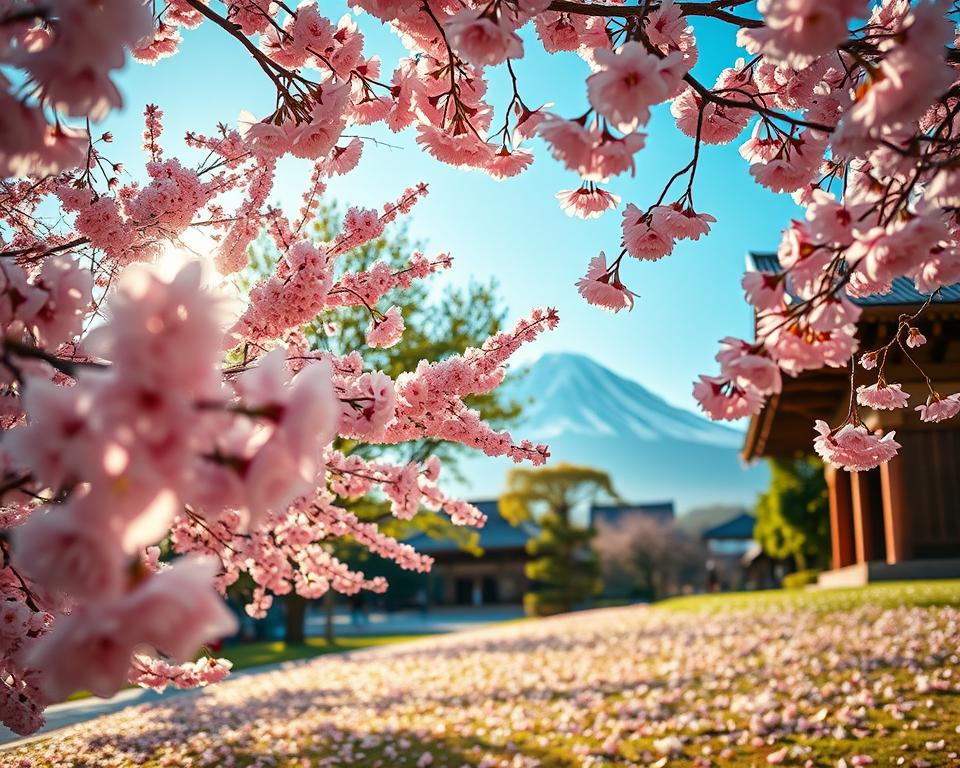 A serene spring scene in Tokyo, showcasing the breathtaking beauty of cherry blossoms in full bloom. In the foreground, delicate pink sakura flowers create a soft carpet of petals, with gentle breezes causing some to gracefully fall. The middle ground features traditional Japanese architecture, such as a wooden pagoda surrounded by lush green trees, enhancing the cultural essence of the setting. In the background, a clear blue sky contrasts with the blossoms, while Mount Fuji looms majestically in the distance. The lighting is warm and inviting, with the golden glow of the afternoon sun illuminating the scene, casting soft shadows. The atmosphere is tranquil and harmonious, embodying the enchanting spirit of hanami (flower viewing) in Tokyo during springtime. The image should be shot from a slightly elevated angle to capture the full canopy of blossoms.