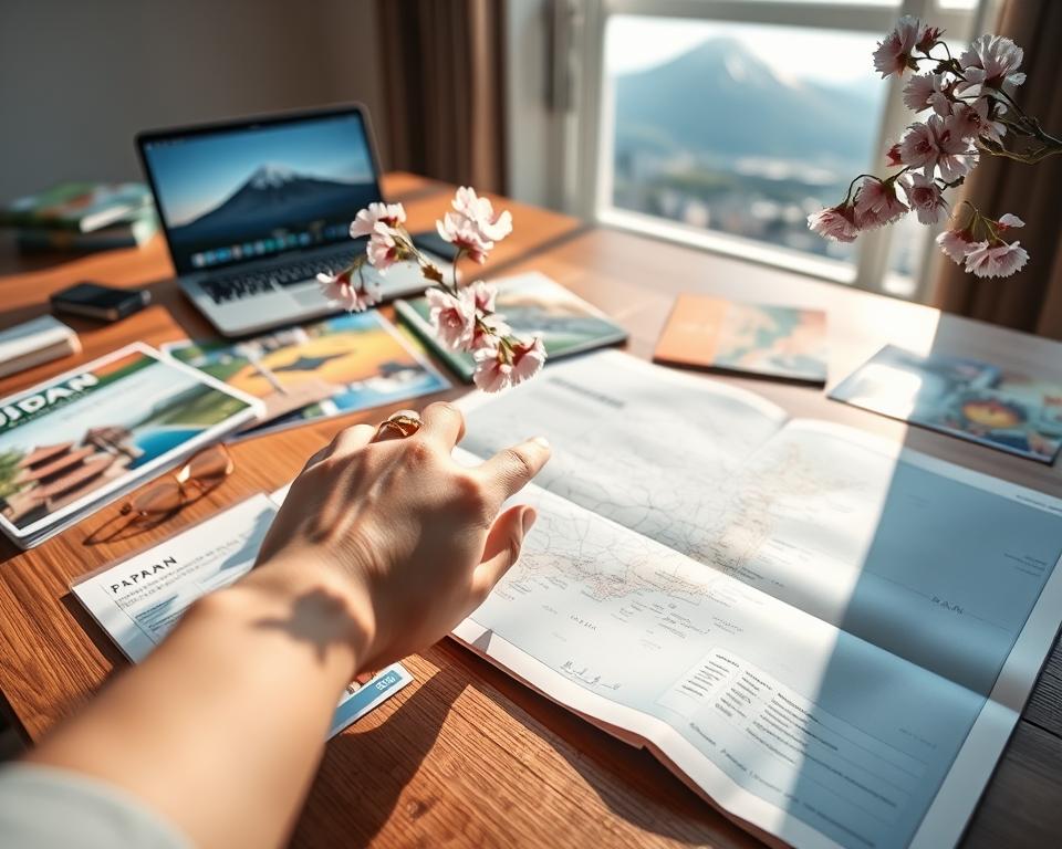 A serene travel planning scene showcasing an open map of Japan on a wooden table, surrounded by travel guides, colorful brochures, and a laptop displaying a travel itinerary. In the foreground, a hand is pointing to the beautiful cherry blossoms in bloom, suggesting the focus on Japan’s iconic landscapes. In the middle ground, a soft, warm light streams through a nearby window, casting gentle shadows on the table, creating an inviting atmosphere. In the background, a subtle image of Mount Fuji can be faintly seen, hinting at the beauty of Japan's natural scenery. The photograph is taken from a slightly elevated angle, emphasizing the details and richness of the planning process, evoking a feeling of excitement and anticipation for an unforgettable journey.