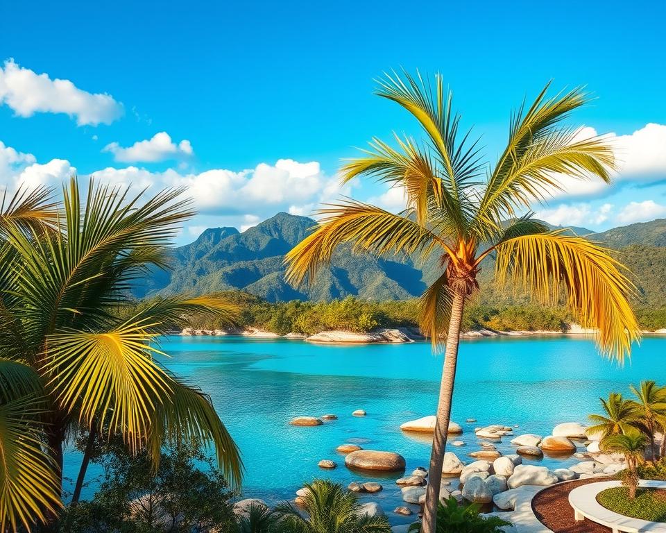 A serene tropical landscape in Sanya, China, capturing the breathtaking natural wonders of the region. In the foreground, vibrant green palm trees sway gently in the breeze, their leaves illuminated by soft golden sunlight. In the middle ground, a stunning clear blue lagoon reflects the sky, surrounded by lush vegetation and smooth rocks, creating a harmonious blend of nature. The background features majestic mountains rising up against a bright blue sky dotted with fluffy white clouds. The atmosphere is tranquil and inviting, evoking a sense of paradise and escape. The image should be captured with a wide-angle lens, emphasizing depth, and with warm, natural lighting to enhance the rich colors and textures of the scenery. A serene tropical landscape in Sanya, China, capturing the breathtaking natural wonders of the region. In the foreground, vibrant green palm trees sway gently in the breeze, their leaves illuminated by soft golden sunlight. In the middle ground, a stunning clear blue lagoon reflects the sky, surrounded by lush vegetation and smooth rocks, creating a harmonious blend of nature. The background features majestic mountains rising up against a bright blue sky dotted with fluffy white clouds. The atmosphere is tranquil and inviting, evoking a sense of paradise and escape. The image should be captured with a wide-angle lens, emphasizing depth, and with warm, natural lighting to enhance the rich colors and textures of the scenery.