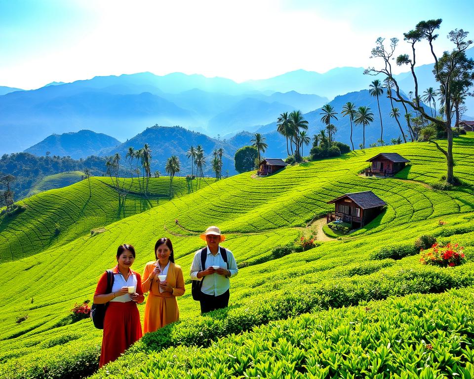 A serene tropical landscape in the Cameron Highlands, showcasing lush green tea plantations stretching across rolling hills. In the foreground, a group of travelers dressed in practical, modest clothing, enjoying a moment of relaxation while sipping tea. The middle ground features vibrant flower gardens and traditional Malaysian wooden houses, blending harmoniously with nature. The background includes tall, misty mountains under a clear blue sky. Soft, natural lighting casts a warm glow over the scene, enhancing the tranquil atmosphere. A slight depth of field effect is applied, focusing on the travelers while slightly blurring the distant hills. The overall mood is inviting and cheerful, highlighting the beauty and practicality of exploring this stunning destination.