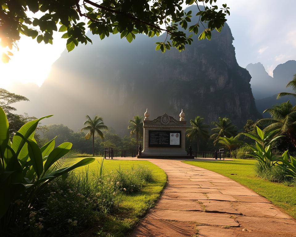 A serene view of Hellfire Pass Memorial, set amidst lush tropical greenery along the River Kwai. In the foreground, a beautifully maintained pathway leads to the memorial, lined with delicate wildflowers and small stones. The middle ground showcases the memorial structure itself, a respectful tribute with solemn inscriptions, surrounded by historical artifacts. In the background, towering limestone cliffs rise dramatically, partially shrouded in soft morning mist, evoking a tranquil yet poignant atmosphere. The lighting is warm and gentle, with early morning sunlight filtering through the leaves, casting dappled shadows on the ground. The overall mood is reflective and somber, inviting visitors to contemplate the historical significance of the site. The angle captures the memorial slightly from below, enhancing its prominence against the sky.
