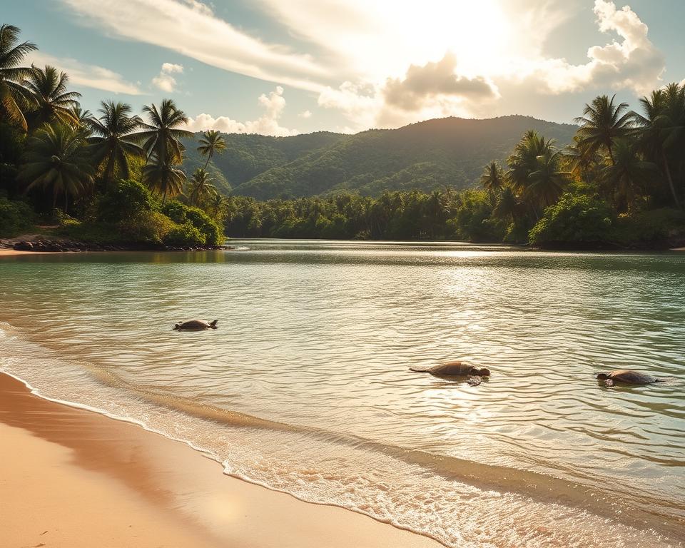 A serene view of Lagune Tangalle in Sri Lanka, showcasing a tranquil lagoon surrounded by lush greenery and tropical palm trees. In the foreground, soft white sand gently curves along the water's edge, while a few small waves lapping peacefully at the shore. The middle ground features a rich variety of wildlife, including sea turtles gracefully swimming in crystal-clear waters. In the background, vibrant hills and dense foliage create a picturesque setting, illuminated by warm, golden sunlight filtering through wispy clouds. The scene captures a peaceful and idyllic atmosphere, perfect for nature enthusiasts, with a focus on the serene beauty of this coastal paradise, taken from a slightly elevated angle to encompass the entire view.