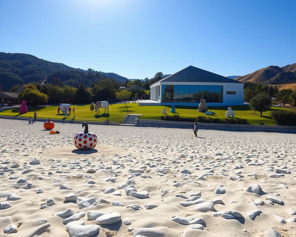 A serene view of Naoshima, Japan, renowned for its contemporary art installations. In the foreground, a tranquil beach with smooth white pebbles and gentle waves lapping at the shore. There are a few colorful sculptures, like Yayoi Kusama's iconic polka-dotted pumpkin, sitting proudly on the sand. In the middle ground, an elegant modern art museum with large glass windows reflects the vibrant blue sky, surrounded by lush greenery. Art installations dot the landscape, harmonizing with nature. The background features rolling hills and the shimmering Seto Inland Sea under warm golden sunlight, casting soft shadows. The atmosphere is peaceful and inspiring, perfect for art enthusiasts. The angle captures both the artistic elements and the natural beauty, providing a clear, immersive composition without any text or overlays.