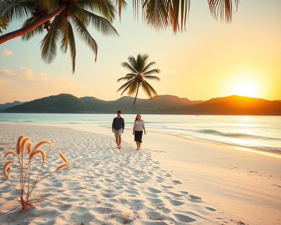 A serene view of Phu Quoc's pristine beaches, showcasing soft white sandy shores gently lapping against crystal-clear turquoise waters. In the foreground, delicate sea oats sway in a gentle breeze, while a couple in modest casual clothing strolls along the beach, hand in hand. The middle section features shaded palm trees framing the shoreline, casting intricate patterns of light and shadow on the sand. In the background, lush green hills rise up towards a brilliant sky painted in warm golden hues as the sun sets, creating a tranquil, inviting atmosphere. Use soft, warm lighting to evoke a sense of peace and relaxation, capturing the natural beauty of this tropical paradise. The angle should be slightly elevated to provide a sweeping panoramic view of the beach and surrounding landscape.