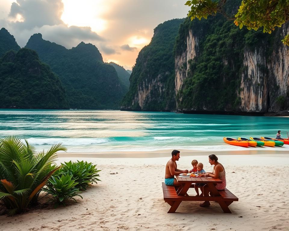 A serene view of Pulau Tioman, showcasing its lush green mountains and clear turquoise waters. In the foreground, a cozy beach setting with a wooden picnic table surrounded by tropical plants, where a family of four dressed in casual, modest beach attire is enjoying a picnic. In the middle ground, gentle waves lap at the white sandy beach, with a few colorful kayaks lined up on the shore. The background features dramatic cliffs shrouded in mist and a vibrant sunset casting a warm golden glow over the scene. Soft, diffused lighting enhances the tranquil atmosphere, evoking a sense of relaxation and adventure in this tropical paradise. The angle captures the beauty of the island while maintaining a focus on the family experience. A serene view of Pulau Tioman, showcasing its lush green mountains and clear turquoise waters. In the foreground, a cozy beach setting with a wooden picnic table surrounded by tropical plants, where a family of four dressed in casual, modest beach attire is enjoying a picnic. In the middle ground, gentle waves lap at the white sandy beach, with a few colorful kayaks lined up on the shore. The background features dramatic cliffs shrouded in mist and a vibrant sunset casting a warm golden glow over the scene. Soft, diffused lighting enhances the tranquil atmosphere, evoking a sense of relaxation and adventure in this tropical paradise. The angle captures the beauty of the island while maintaining a focus on the family experience.