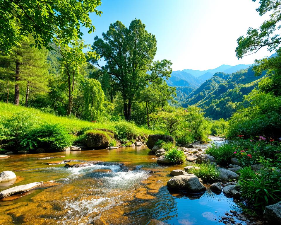 A serene view of Sai Yok Nationalpark, featuring lush green forests, gentle rolling hills, and a tranquil river flowing through the landscape. In the foreground, a clear, sparkling stream reflects sunlight, surrounded by smooth stones and vibrant wildflowers. The middle ground showcases dense foliage with towering trees, while the background reveals distant mountains under a clear blue sky, creating an idyllic setting. Soft, dappled sunlight filters through the leaves, casting a warm glow across the scene, enhancing the peaceful atmosphere. Capture the image with a wide-angle lens, emphasizing the depth of the park, and ensure the mood is tranquil and inviting, suitable for showcasing the quiet beauty of this lesser-known destination.