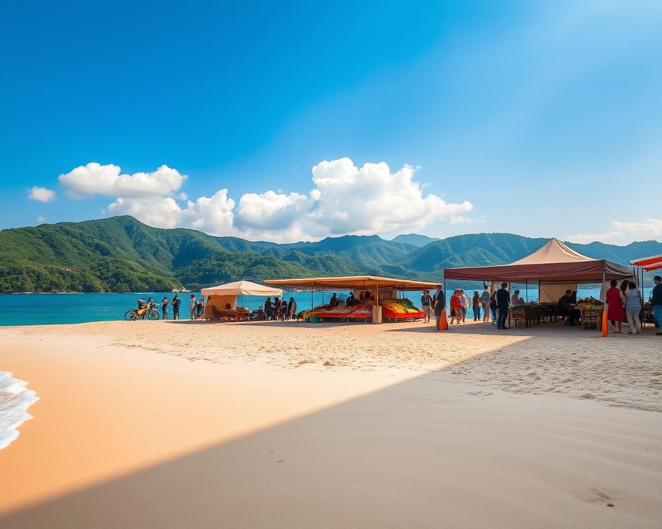 A serene view of Sanya, China, showcasing a beautiful beach scene in the foreground with soft golden sands and gentle waves lapping at the shore. In the middle ground, a vibrant market setup with local vendors selling fresh fruits and handmade crafts, and friendly tourists exploring their surroundings. The background features lush green mountains under a bright blue sky with a few fluffy white clouds. The scene is bathed in warm, soft sunlight, creating a welcoming atmosphere. The mood is relaxed and inviting, perfect for a travel guide. Capture this image from a slightly elevated angle to provide depth and perspective, allowing the viewer to feel as if they are looking into a travel paradise. A serene view of Sanya, China, showcasing a beautiful beach scene in the foreground with soft golden sands and gentle waves lapping at the shore. In the middle ground, a vibrant market setup with local vendors selling fresh fruits and handmade crafts, and friendly tourists exploring their surroundings. The background features lush green mountains under a bright blue sky with a few fluffy white clouds. The scene is bathed in warm, soft sunlight, creating a welcoming atmosphere. The mood is relaxed and inviting, perfect for a travel guide. Capture this image from a slightly elevated angle to provide depth and perspective, allowing the viewer to feel as if they are looking into a travel paradise.