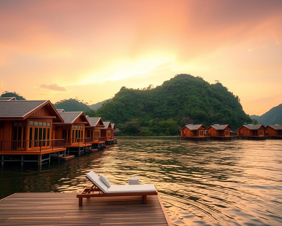 A serene view of a luxurious floating hotel on the River Kwai at sunset. In the foreground, several elegantly designed floating bungalows made of natural wood, with large windows reflecting soft golden light, hover gently on the water's surface. A pair of comfortable lounge chairs are situated on a wooden deck, inviting relaxation. In the middle ground, lush green hills rise steeply beside the river, dotted with tropical trees and vibrant flowers, enhancing the tranquil atmosphere. The background features a sky painted in warm shades of orange and pink as the sun dips below the horizon. Soft ripples in the water reflect the colors of the sky, creating an enchanting scene. The mood is peaceful and inviting, ideal for a romantic getaway or serene retreat in nature.