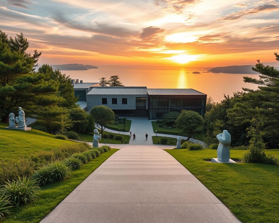 A serene view of the Benesse House Museum, situated on Naoshima Island, Japan. In the foreground, a smooth path leads to the museum entrance, lined with lush greenery and carefully curated sculptures. The middle layer features the museum’s iconic modern architecture, characterized by a blend of concrete and glass that harmonizes with its natural surroundings. In the background, the picturesque Seto Inland Sea glimmers under a warm, golden sunset, casting a soft glow across the scene. The sky is a vibrant mix of oranges, pinks, and purples, enhancing the tranquil atmosphere. The image should evoke a feeling of peaceful contemplation and artistic inspiration, captured with a wide-angle lens to showcase the seamless connection between art and nature.