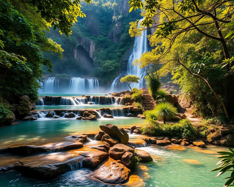 A serene view of the Erawan Waterfalls in Erawan National Park, surrounded by lush, tropical greenery. In the foreground, clear turquoise waters cascade down several tiers of rocky ledges, creating gentle pools ideal for relaxing. The middle ground showcases vibrant jungle paths winding through dense foliage, dappled sunlight filtering through the leaves, creating a tranquil atmosphere. The background features towering limestone cliffs, partially obscured by thick trees, with soft, mist rising from the base of the falls. The scene is illuminated by warm, golden morning light, enhancing the vivid colors of the landscape. The angle is slightly elevated, capturing both the waterfalls and the surrounding nature, evoking a sense of peaceful exploration in this stunning natural setting.