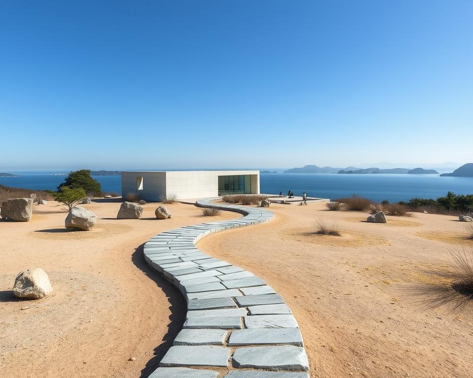 A serene view of the Lee Ufan Museum on Naoshima Island, Japan, showcasing its minimalist architecture and tranquil surroundings. In the foreground, a winding stone pathway leads towards the museum, framed by carefully placed rocks and sparse vegetation. The middle ground features the museum's sleek, modern structure, with clean lines and large glass windows reflecting the surrounding landscape. Soft, diffused sunlight bathes the scene, creating gentle shadows that enhance the quiet atmosphere. In the background, the calm waters of the Seto Inland Sea glisten under a clear blue sky, with distant islands barely visible on the horizon. The overall mood is one of peaceful contemplation, evoking the harmony between art and nature.